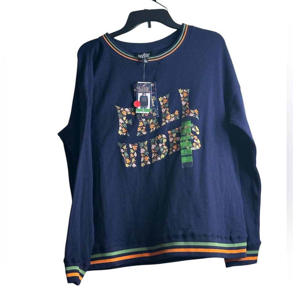 Feeling Festive Navy Blue Fall Vibes Waffle Knit Top Size L